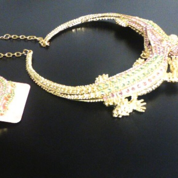 Vintage 1 of A Kind CROCODILE NECKLACE & EARRINGS Rhinestones Statement Jewelry - Picture 11 of 14